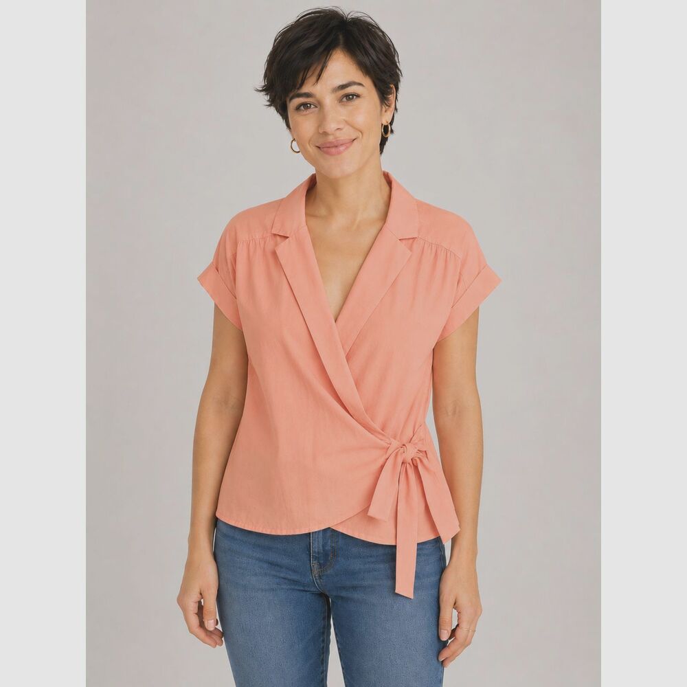 NINE WEST Peach Wrap Blouse Women’s Large Short Sleeve 100% Cotton Top #V